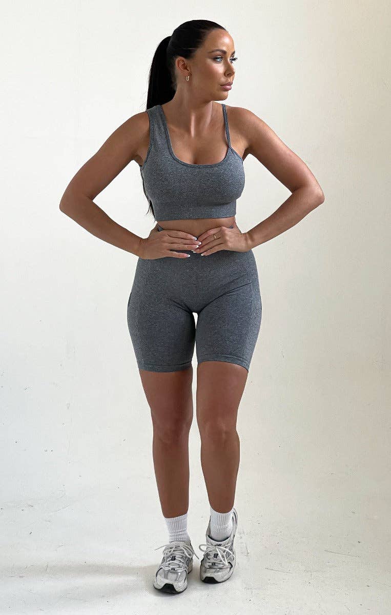 Femme Luxe – wholesale Activewear set – Women′s – Grey Fitted Bralette And Shorts Activewear Set - Gaia3