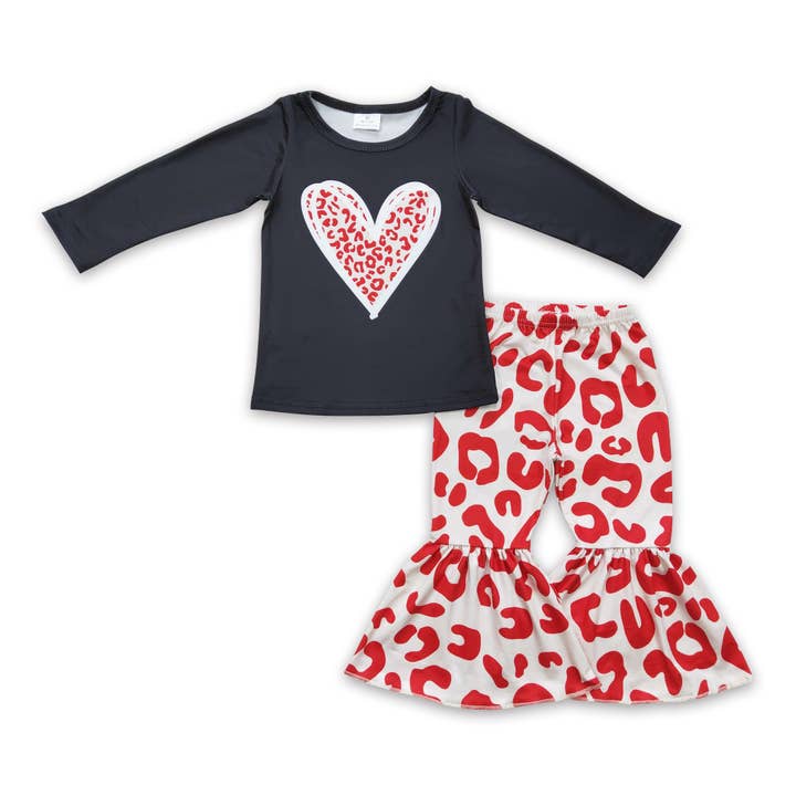 Leopard heart top bell bottom pants girls valentine's outfit for wholesale by Yawoo Garments