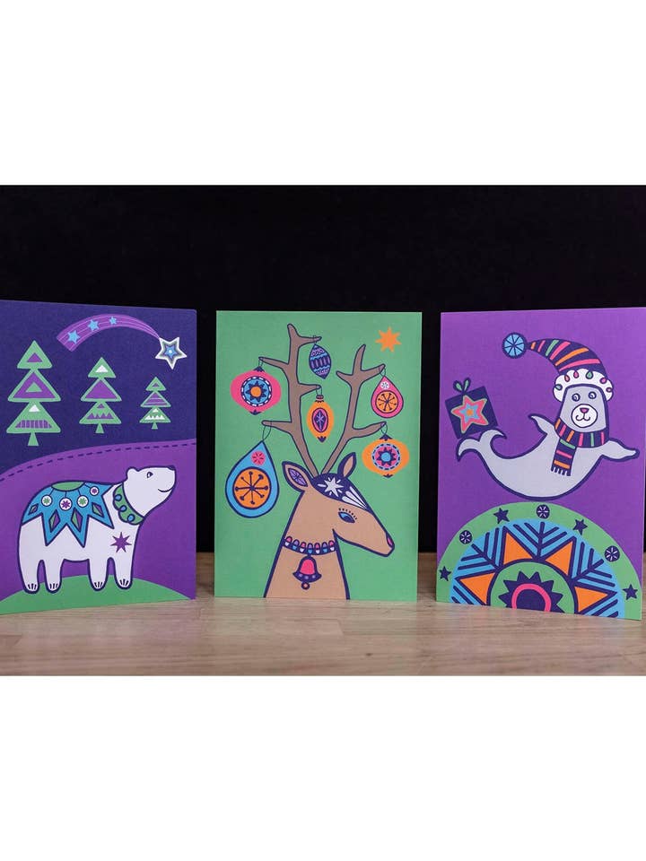 Set of 6 Christmas Cards - Polar Bear, Reindeer and Seal for wholesale by Lunar Apple