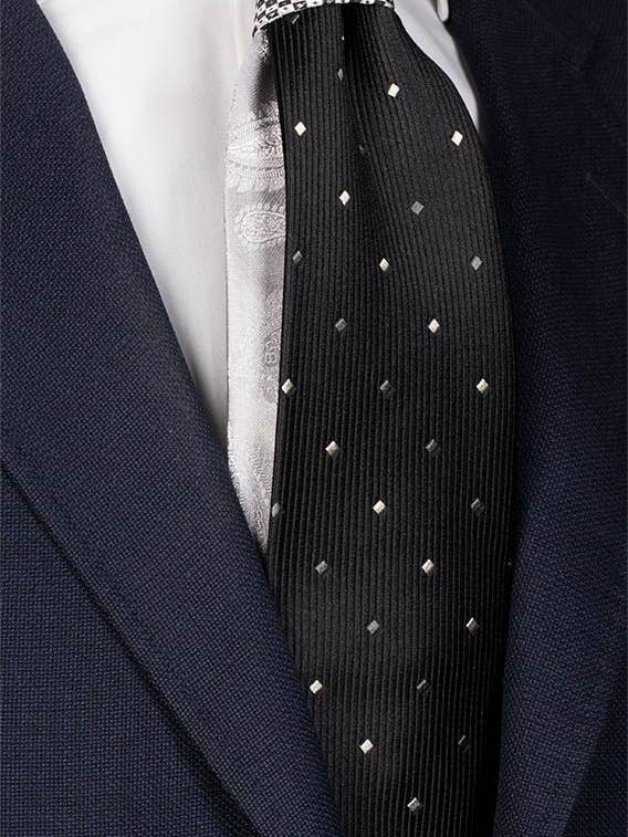 Schwarze Zeremoniekrawatte mit grauem Muster und kontrastierendem Knoten in Schwarz-Weiß N2068 für den Großhandel von Graffeo Cravatte