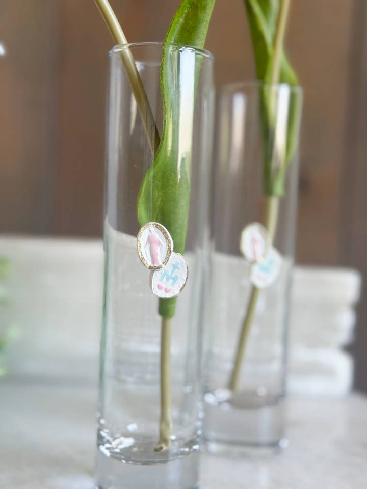 Miraculous Medal painted intaglio bud vase for wholesale by BeeStill Design