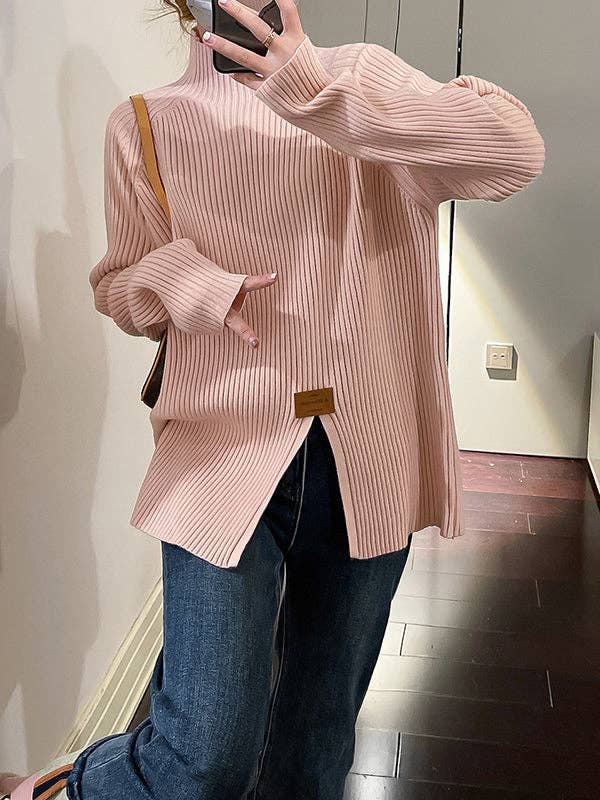 VividLux - Wholesale Knit Sweater - Women's - Long Sleeves Loose Split-Front Mock Neck Pullovers Sweater Tops0