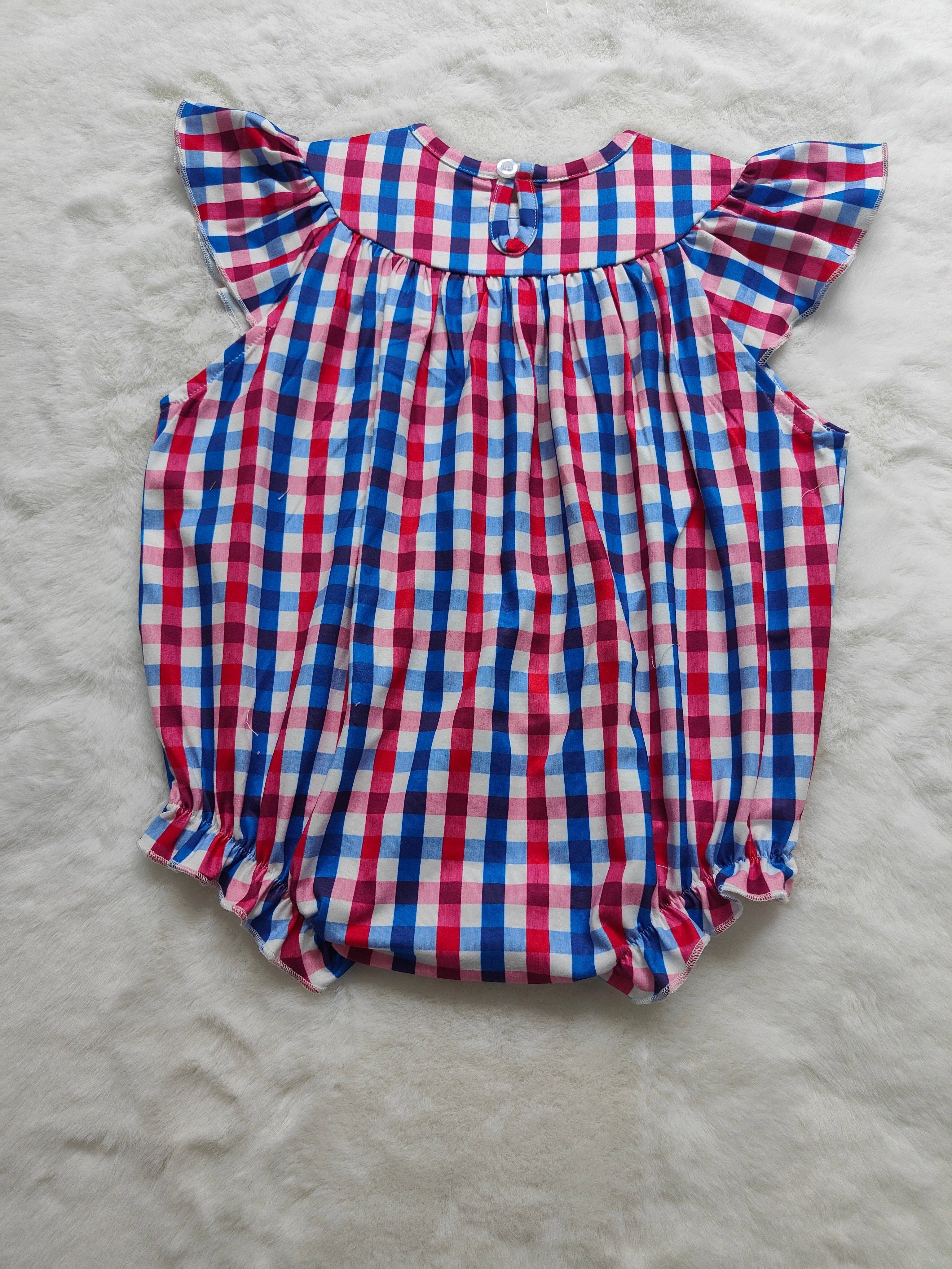 Aier Wholesale - Wholesale Bodysuit (Non-Footed) - Baby - Baby Girls 4th Of July American Flag Gingham Smocked Rompers3