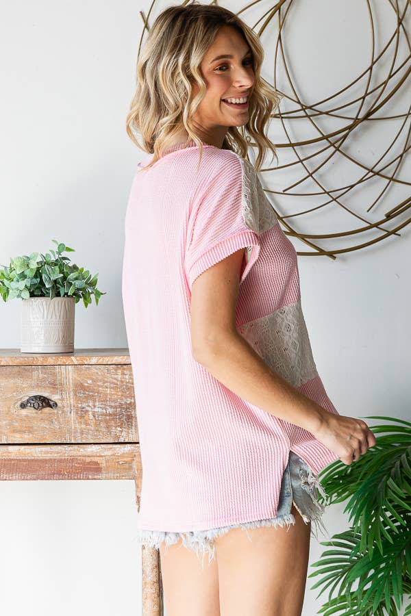 7th Ray - Vente Haut en maille – femme - Haut à manches courtes avec contraste en dentelle côtelée T58631