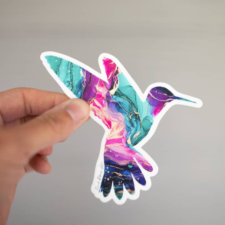 Abstract Alcohol Ink Art Vinyl Hummingbird Sticker for wholesale by Sarah Robison Art
