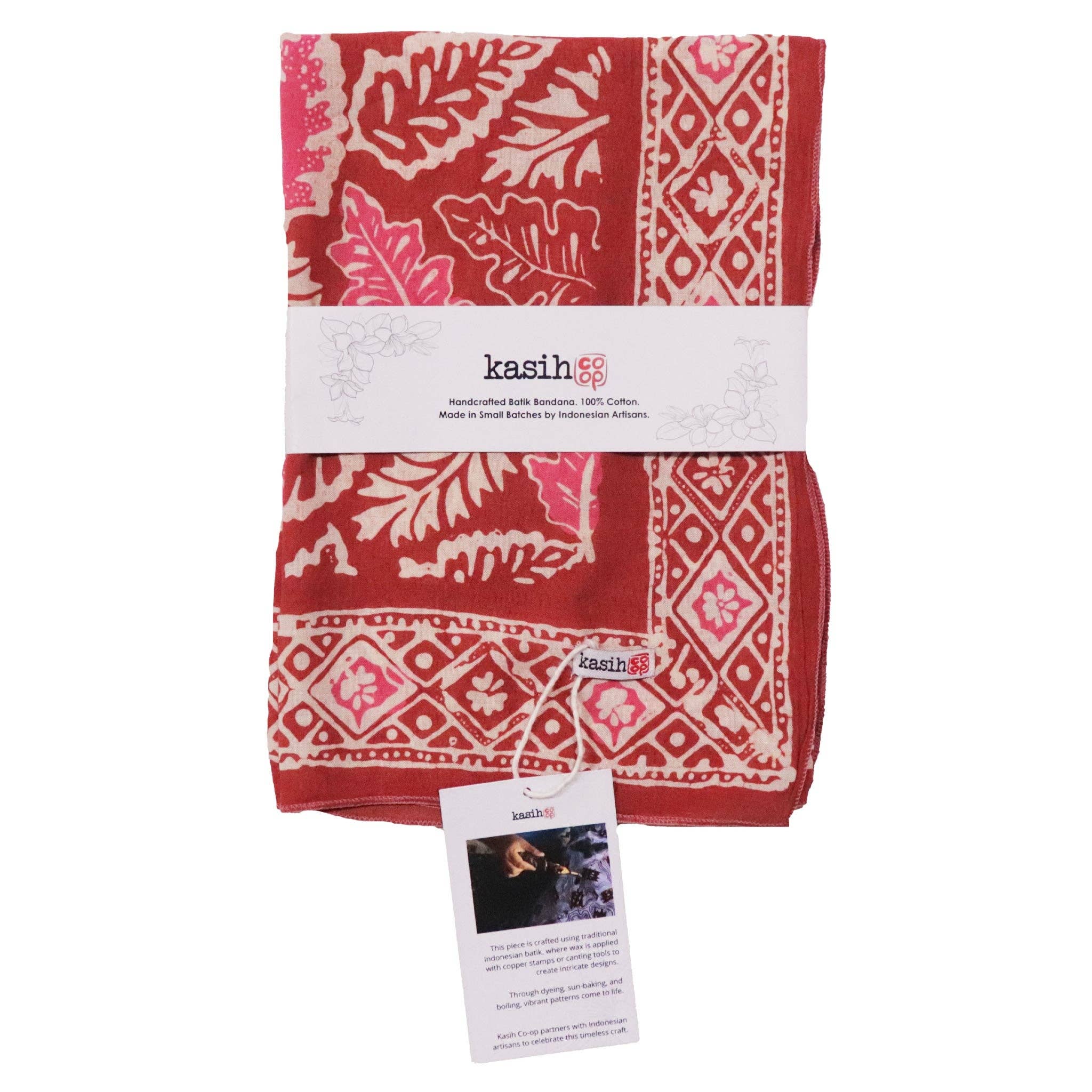 Kasih Co-op – wholesale Bandana – Women's – Hand Dyed Batik Bandana, Peach Pink Coral Leaves10