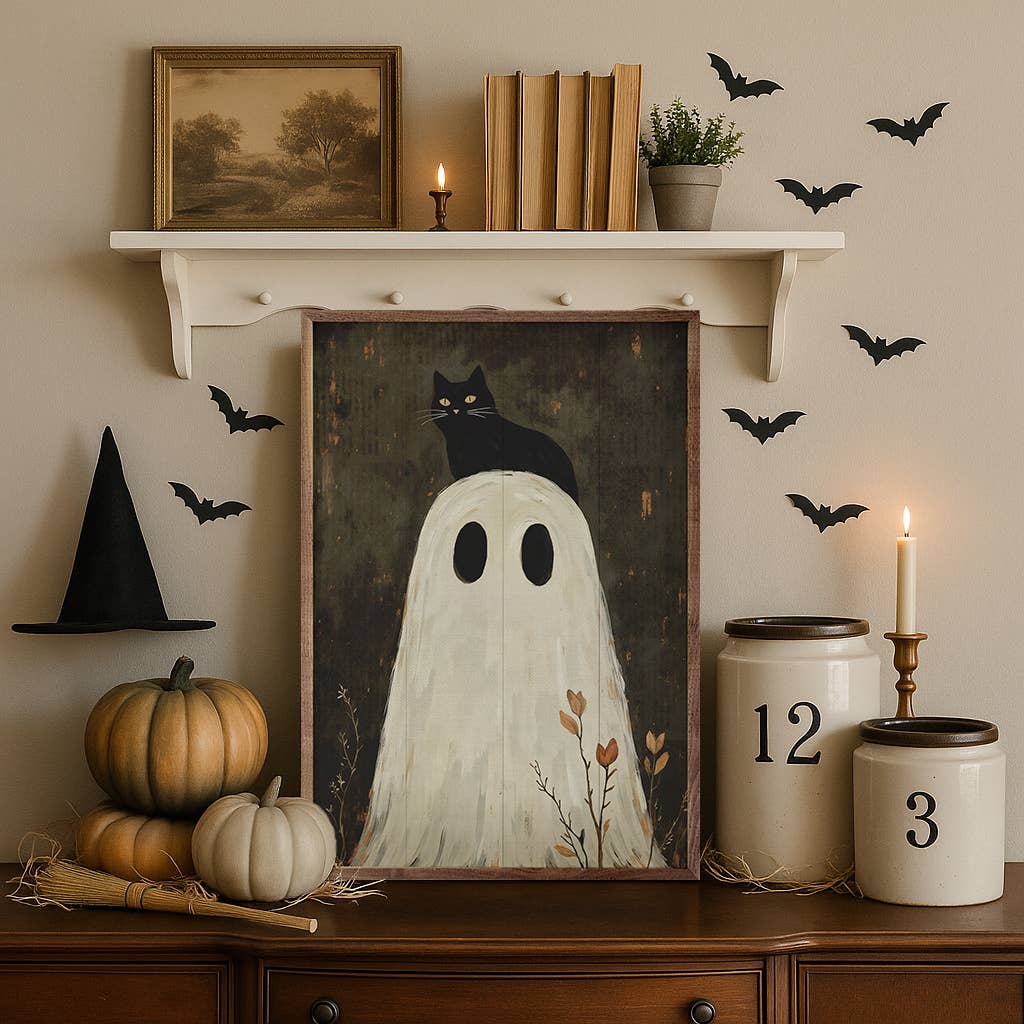 Kendrick Home - Wholesale Wood Wall Art - Ghost With Cat On Head1