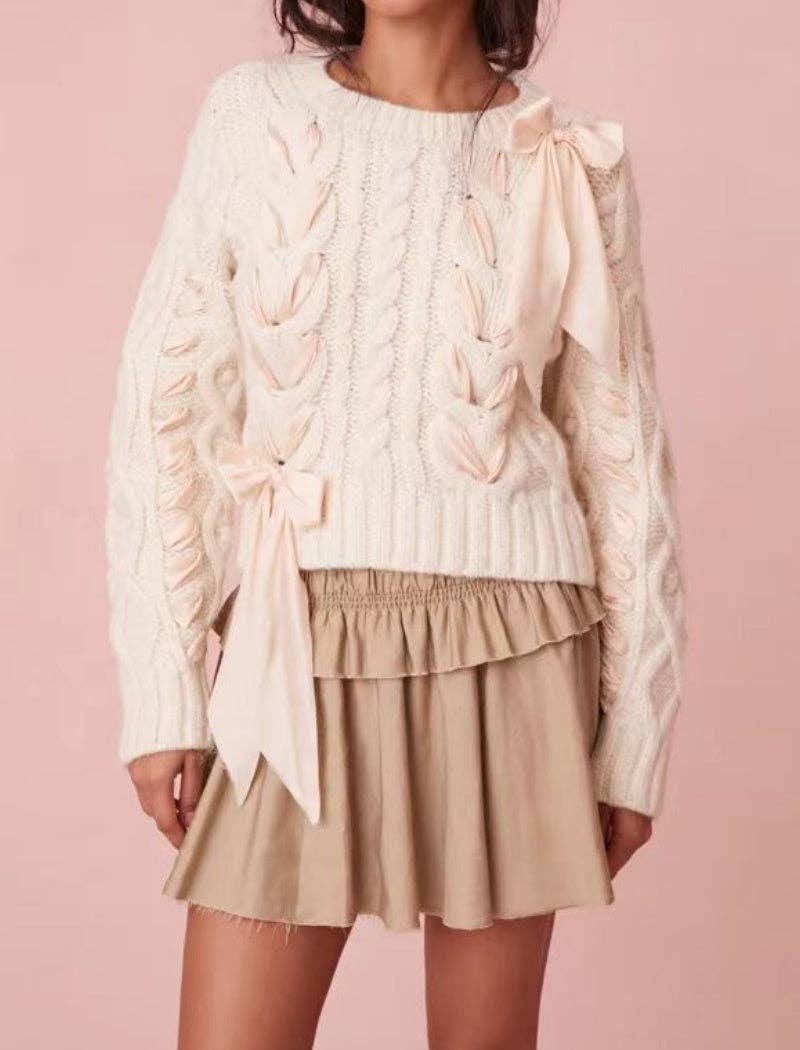 safistyle – Engroshandel Pullover - Dame – Kabelstrikket trøje med bånddetaljer6