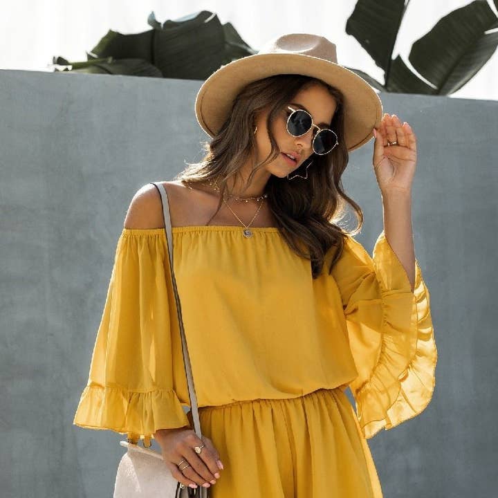 Chiffon Off Shoulder Flare Sleeves Loose Fit Romper for wholesale by Elings