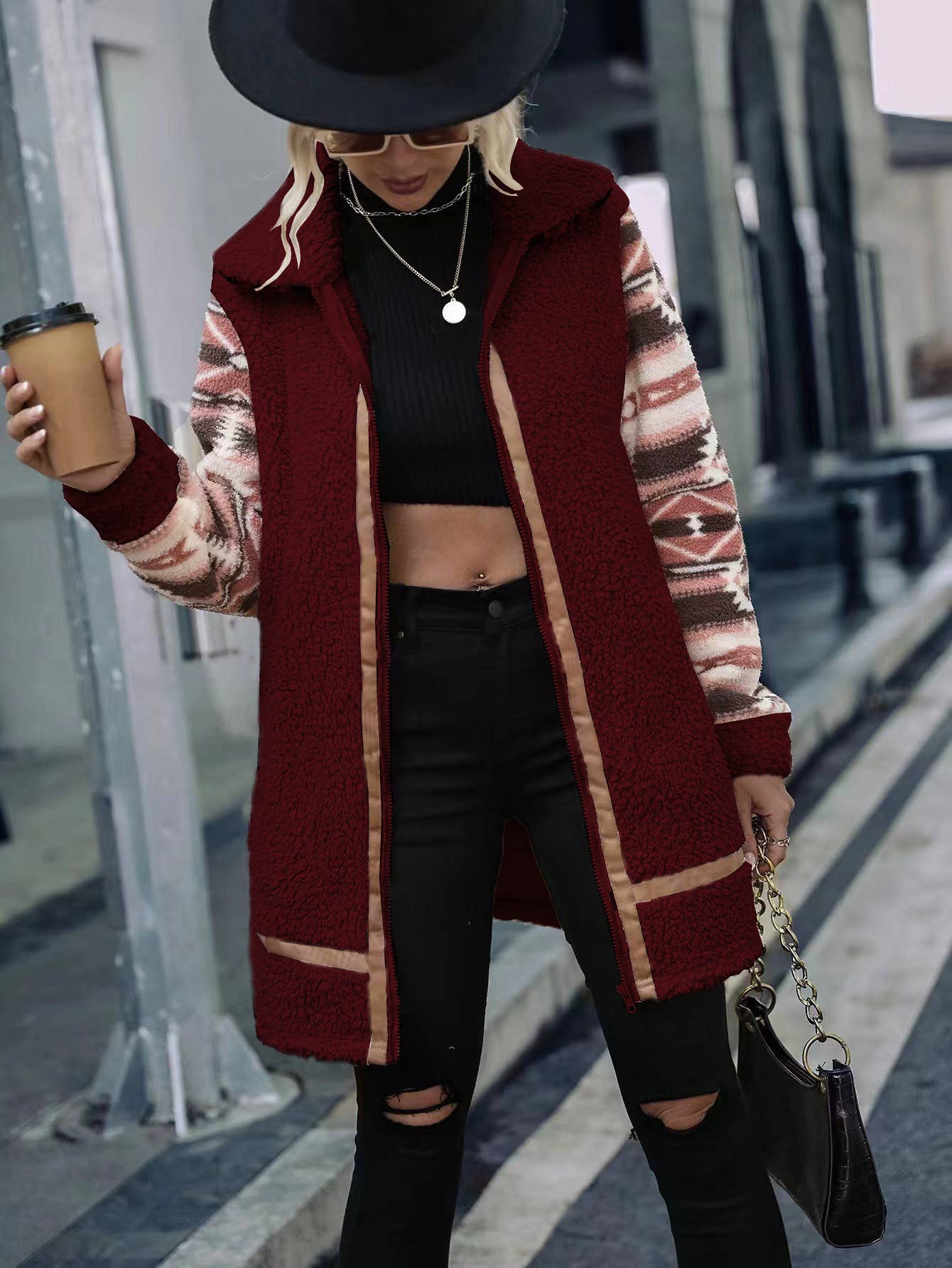 HIDDENBRAND - Wholesale Fur/Faux Fur Coat - Women's - Aztec patchwork sherpa zip coat18