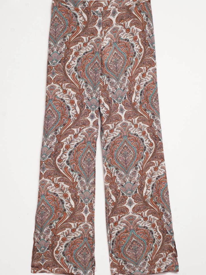 Hose mit weitem Bein in beigem Paisleymuster für den Großhandel von Q2—All Orders:Free Duties for the US,UK,and Canada