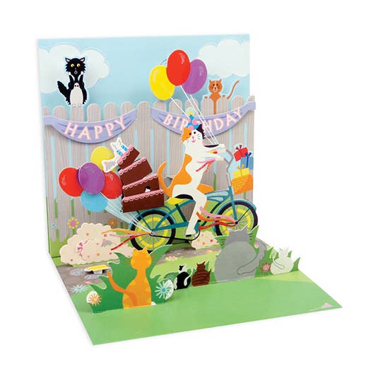 Cat And Cake Bike Ride Pop-Up Card for wholesale by Up With Paper