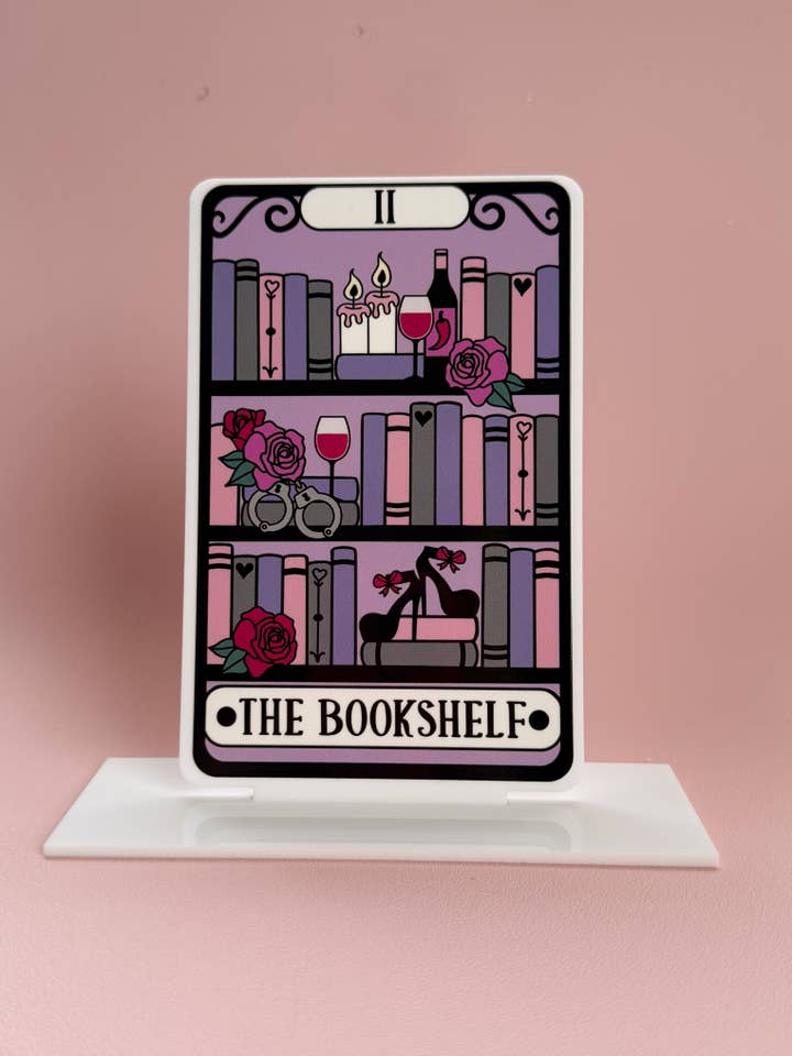 The Bookshelf Tarot Card Acrylic Shelf Sitter w/Stand for wholesale by The Bookish Bird Co.