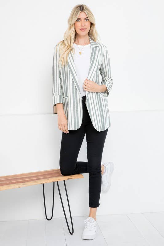 26 International - Wholesale Blazer - Women's - Linen Blend Stripe Roll Up Blazer14