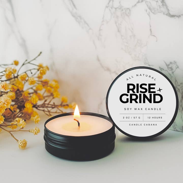 Rise + Grind 2 oz Travel Tin Candle – 100% Natural Soy for wholesale by Candle Cabana