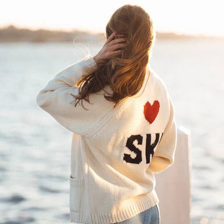 Pink Pineapple - Wholesale Cardigan - Women's - Varsity Chunky Heart Ski Cardigan-Ivory