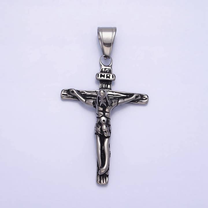 Aim Eternal - Wholesale Individual Charm/Pendant - Stainless Steel INRI Jesus Crucifix Wood-Textured Religious Cross Pendant in Gold & Silver | P-1112