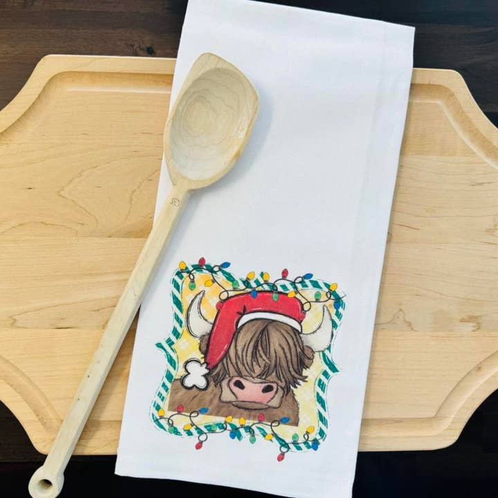 Christmas Highland Cow Kitchen Towel for wholesale by Mississippi Mae Monograms