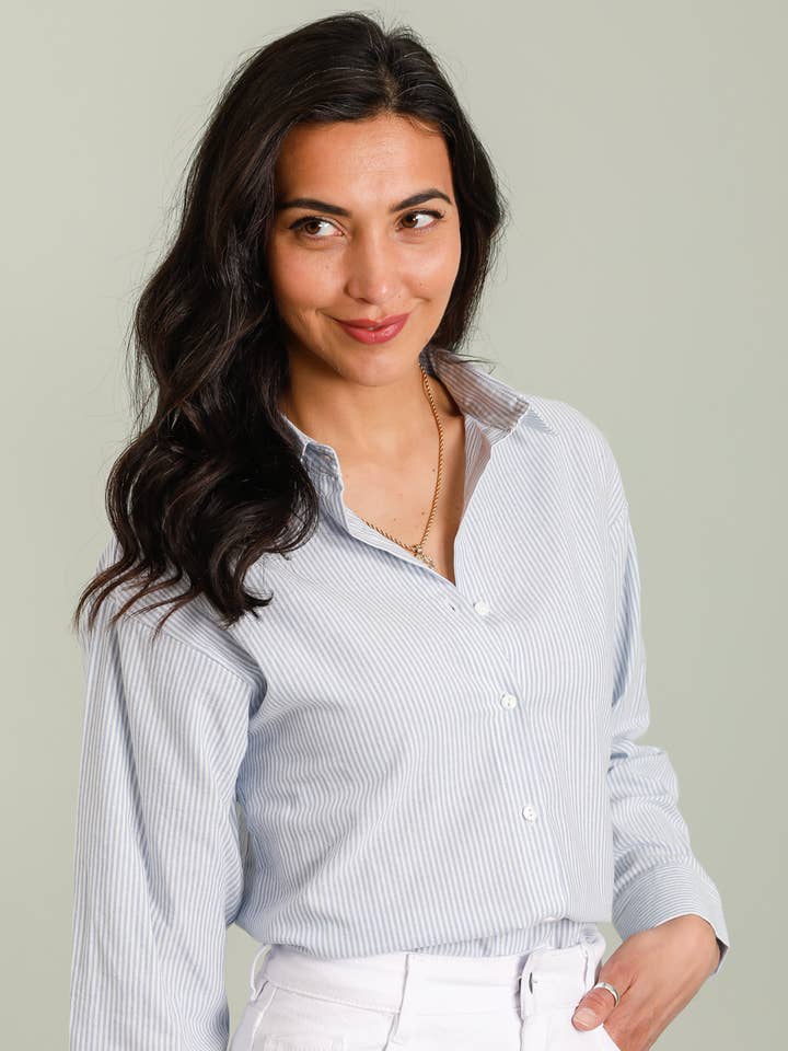 Blue Striped Cotton Shirt with Back Embroidery – X53-1 for wholesale on Faire
