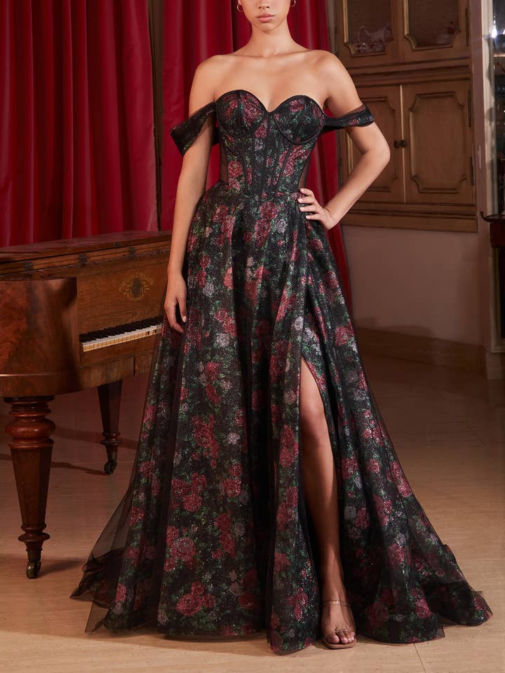 BLACK OFF THE SHOULDER BALL GOWN WITH FLORAL UNDERLAY for wholesale on Faire