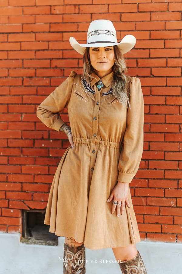 LUCKY & BLESSED - Wholesale Dress - Women's - Light Brown Suede Bootstitch Contrast Button Down Dress