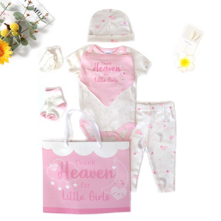8 Pcs Hanging Baby Gift Set Bodysuit Leggings Bib Mitten Cap for wholesale by Lollipop Dreams