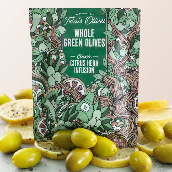 Teta's Olives - Wholesale Olives - Cracked Green Olive Snacks, Citrus Herb & Thai Pepper Variety Pack (1.6oz, 6 Pack)4
