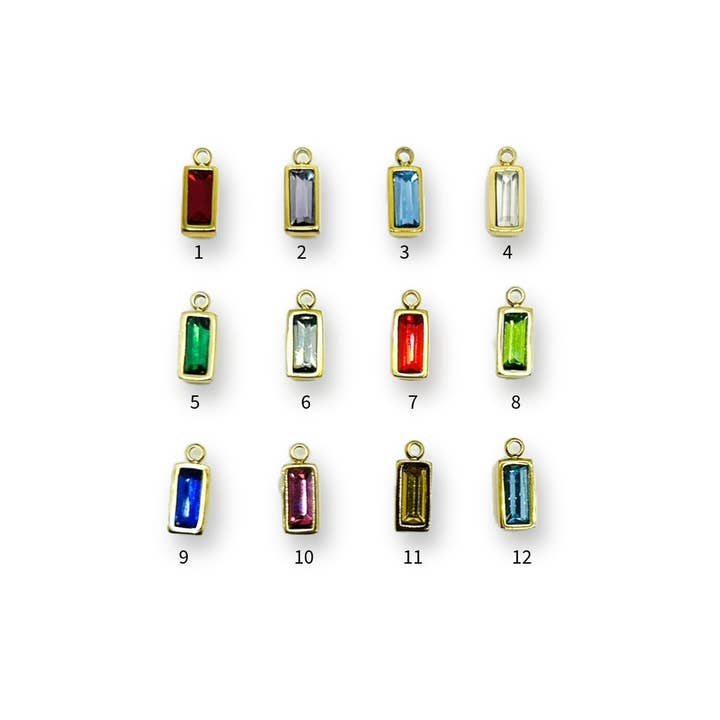 Guerrilla Charm - Wholesale Individual Charm/Pendant - 14k Gold and Cubic Zirconia Stainless Steel Baguette Birthstone Charms, 11x4mm