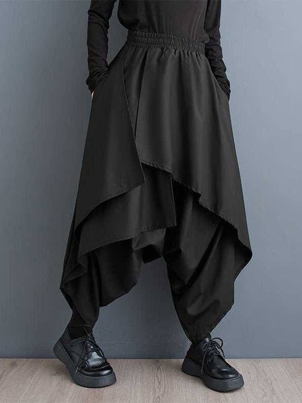 BLACK High Waisted Loose Asymmetric Elasticity Layered Solid Color Culotte for wholesale on Faire0