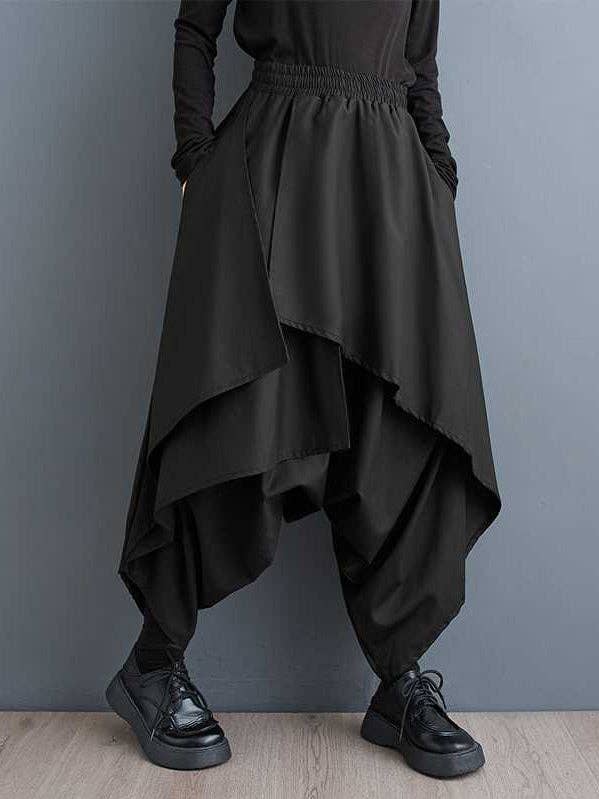 BLACK High Waisted Loose Asymmetric Elasticity Layered Solid Color Culotte for wholesale on Faire0