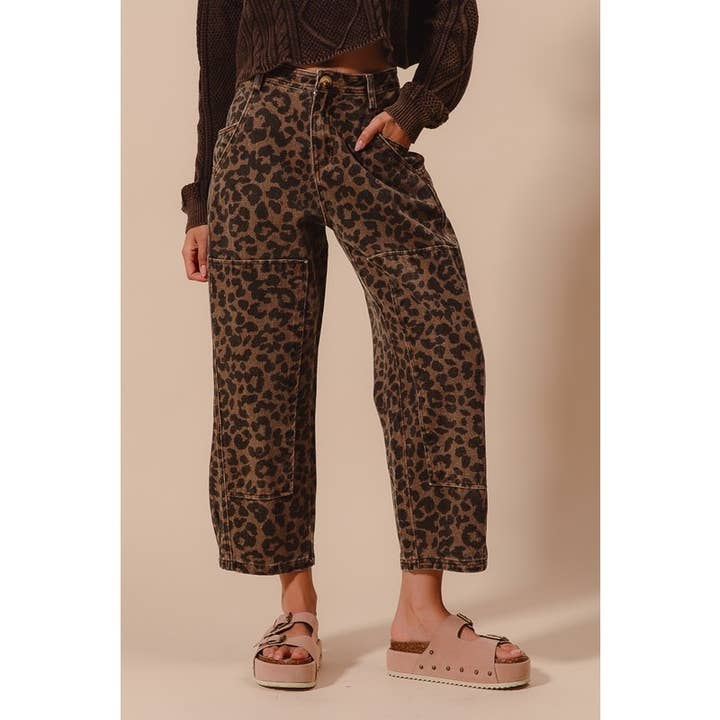 IVE - Wholesale Pants - Women's - TWO TONED LEOPARD PRINT TWILL MID RISE WIDE PANTS