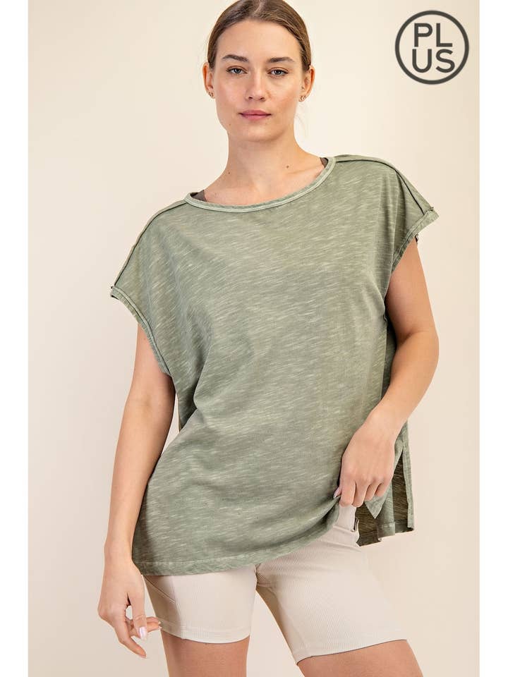 PLUS SIZE MINERAL WASHED SHORT SLEEVE TOP for wholesale by Rae Mode
