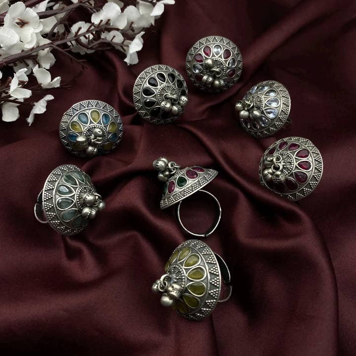 Oxidized Silver Ring With Multicolored Stones And Bell Charm for wholesale by Quirky Fashions