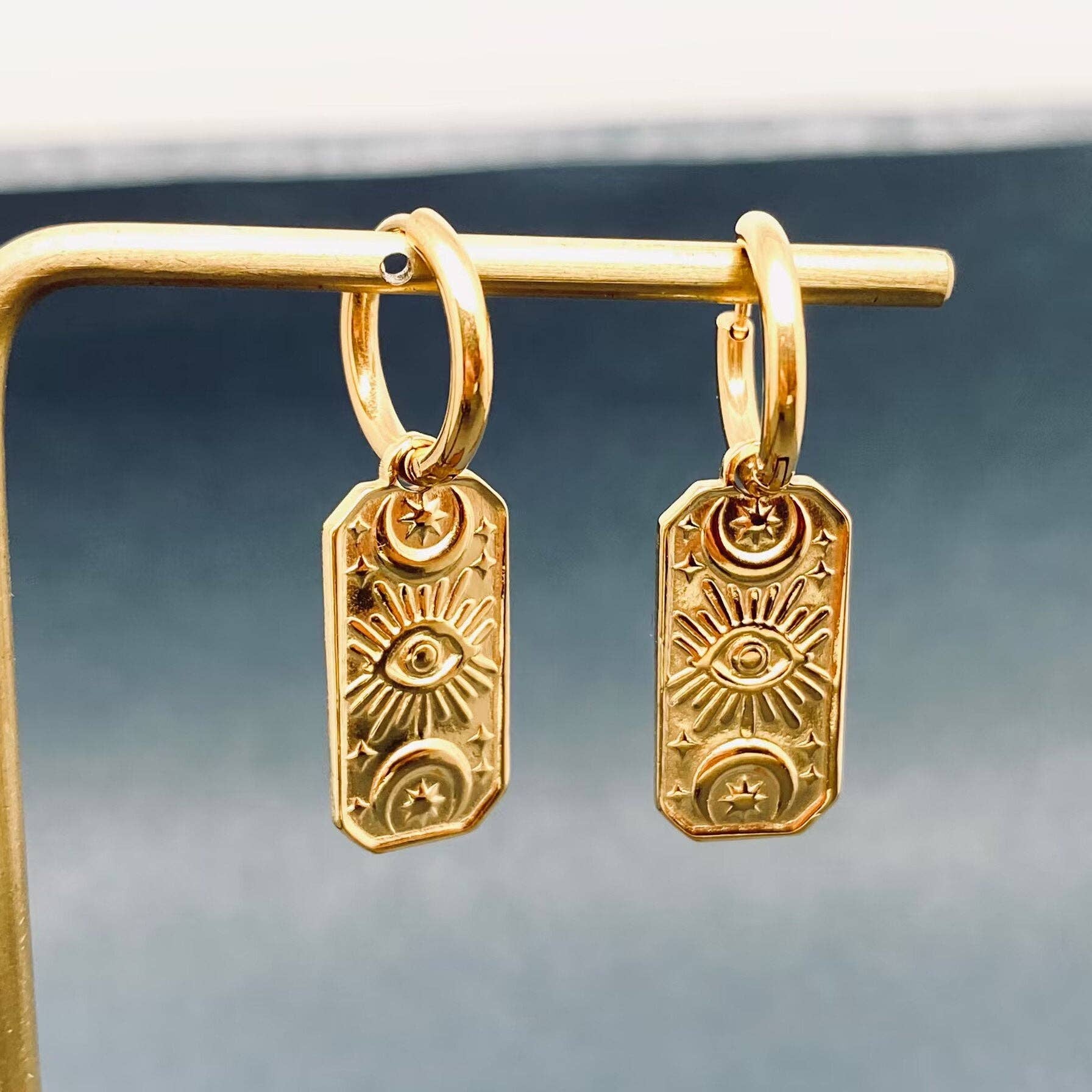 Mio Queena - Wholesale Huggie Earrings - Evil Eye 18K Gold Plated Stainless Steel Huggie Earrings - FGS