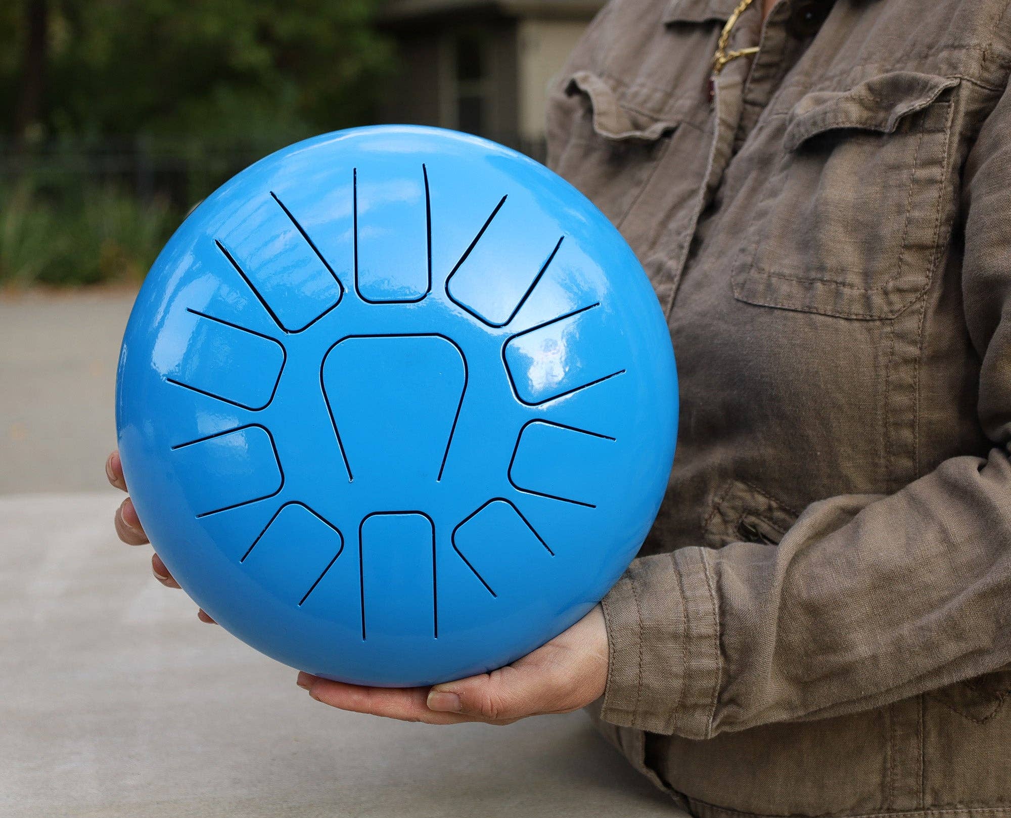 Lungta Imports - Wholesale Muziekaccessoire - Stalen tongtrommel 11 noten 10 inch tankdrum, handpandrum, chakra-drum, percussie met gewatteerde reistas en hamers0