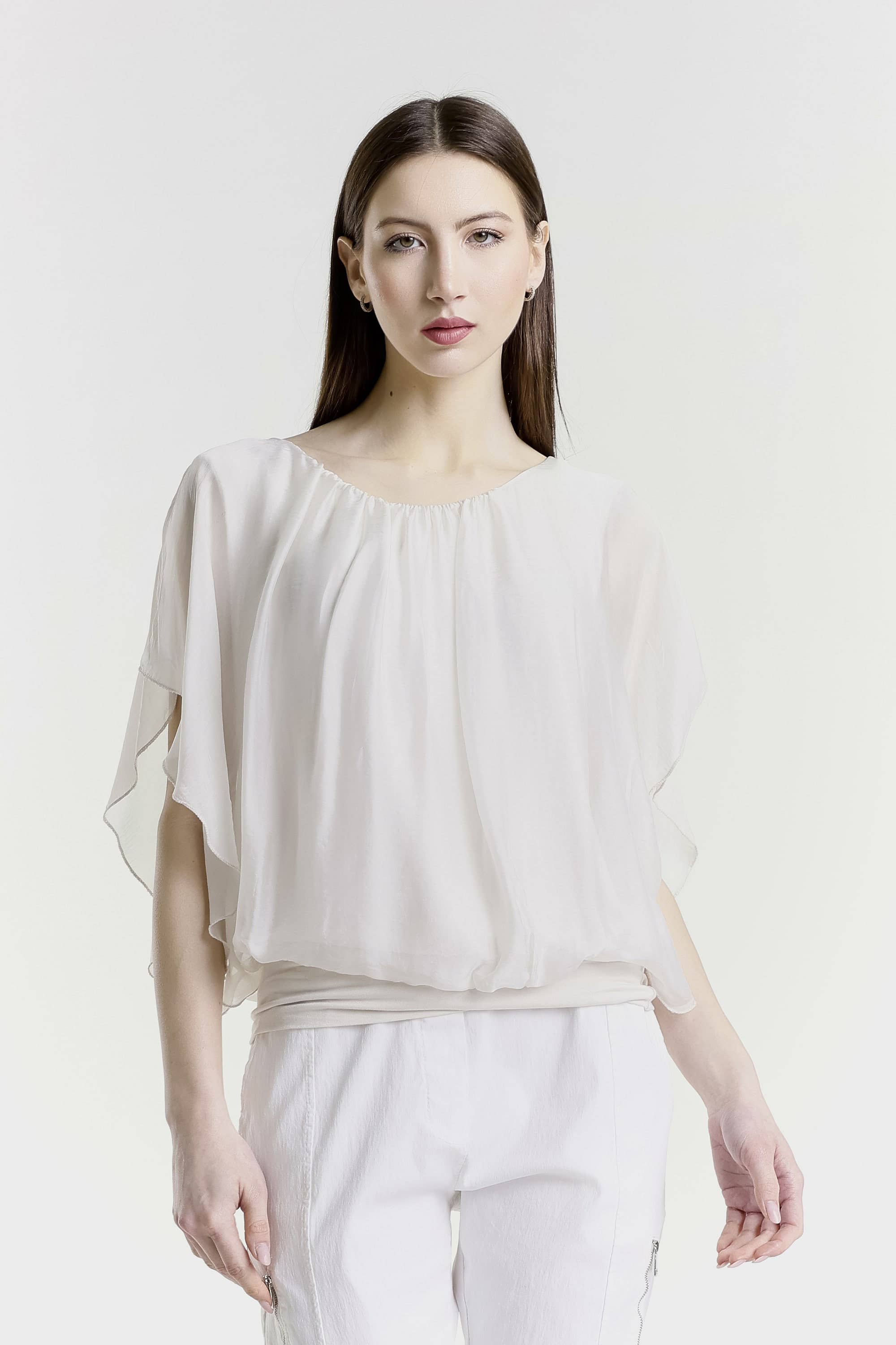 TINA Stephens Italy/Tees By Tina – Engroshandel Bluse - Dame – Aurora Flutter Fly Sleeve Silke Top m/Band Bund (BSS202)17