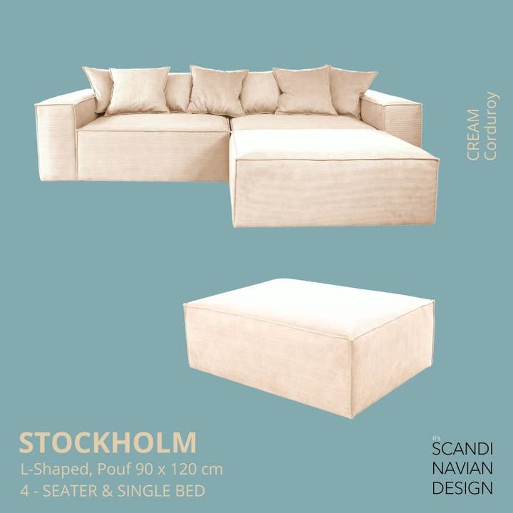 Stockholm L-Shaped sofa/single bed Corduroy Cream removable & washable cover for wholesale by SCANDINAVIAN STORIES by MARTON