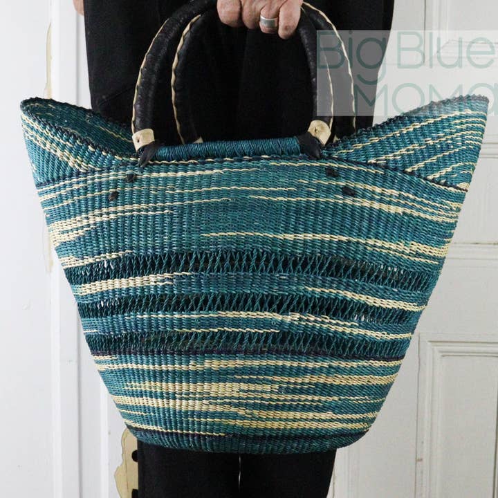 Large U-Shopper Handwoven Bolga Basket - Turquoise Open Weave for wholesale by Big Blue Moma
