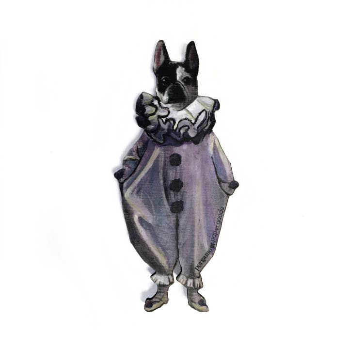 Pergamo Paper Goods - Vente Aimants - Aimant en bois découpé au laser de chien Frenchie (clown bouledogue français)