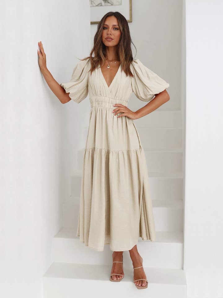 Sweetkama - Wholesale Dress - Women's - Ladies Bubble Sleeves V-Neck Daily Midi Dress GQRM