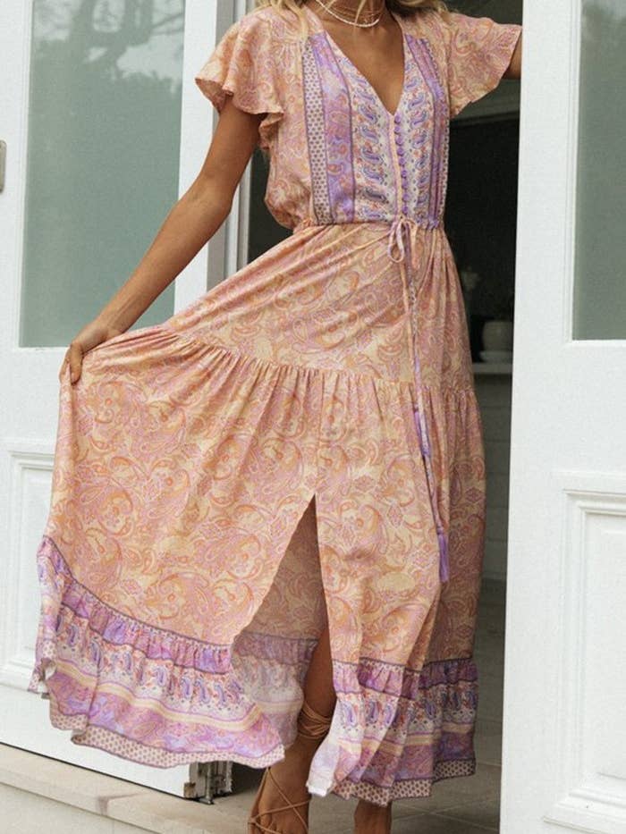 Rosa Clothing - Wholesale Dress - Women's - Bohemia Border Print Flutter Sleeve Maxi Dress2