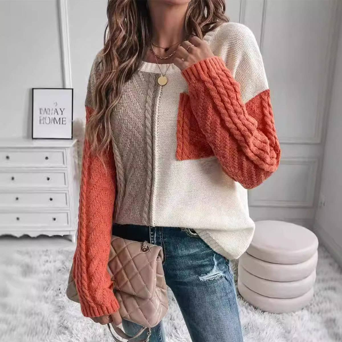 Lily Clothing - Wholesale Knit Sweater - Women's - CASUAL PATCHWORK POCKET PULLOVER SWEATER0