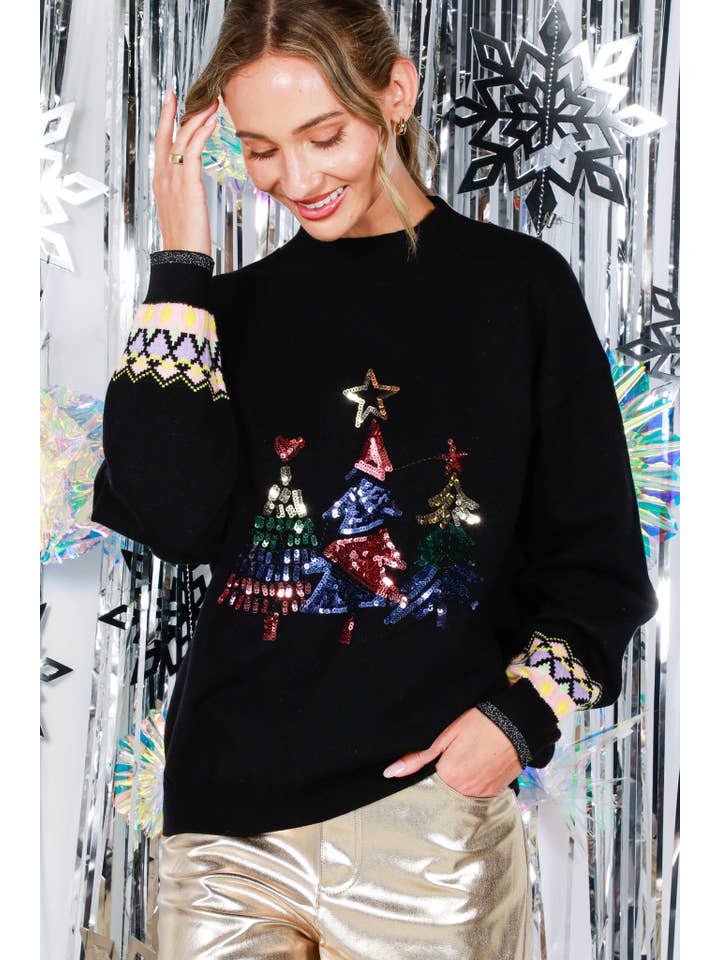 Vine & Love - Wholesale Knit Sweater - Women's - Christmas Tree Embroidery Sequin Crew Neck Sweater VT82023