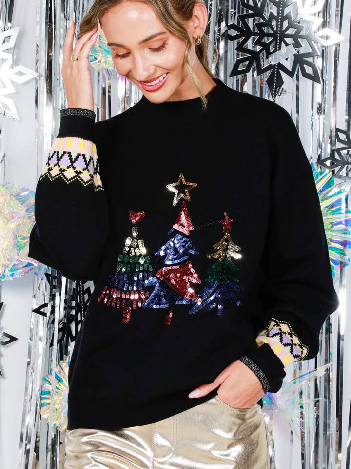 Christmas Tree Sequin Embellishment Cozy Sweater VT82023 for wholesale by Vine & Love