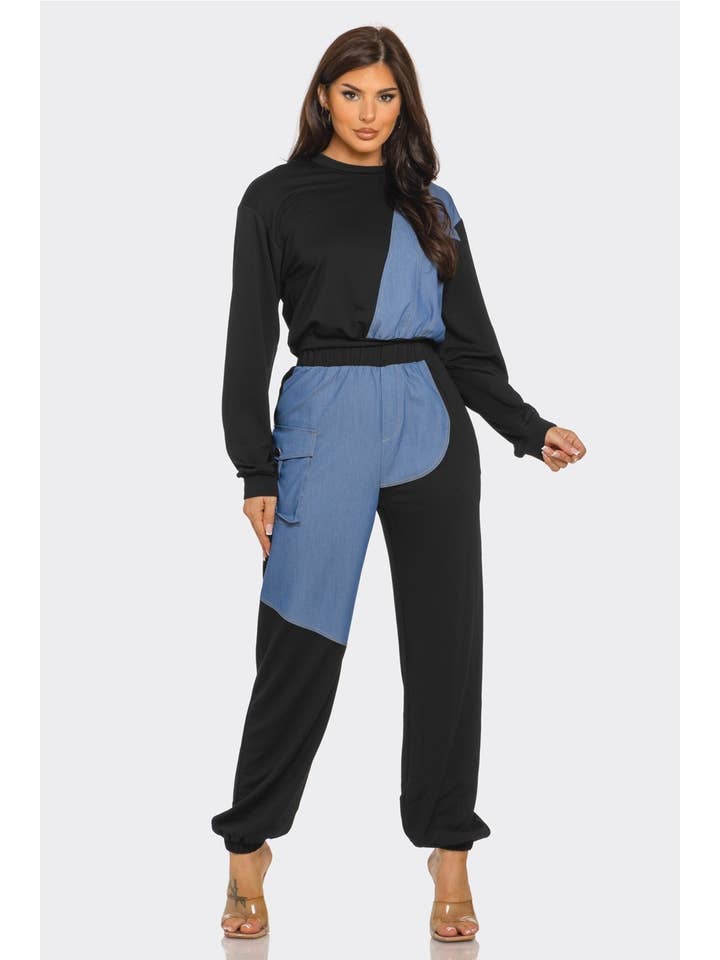 J2 FASHION - Wholesale Top & Pant Set (NOT Loungewear) - Women's - Color Block Contrast Denim band Pants Set