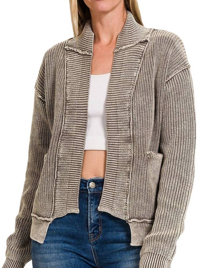 Washed Dropped Shoulder Cardigan W Side Pockets for wholesale by Vanilla Monkey