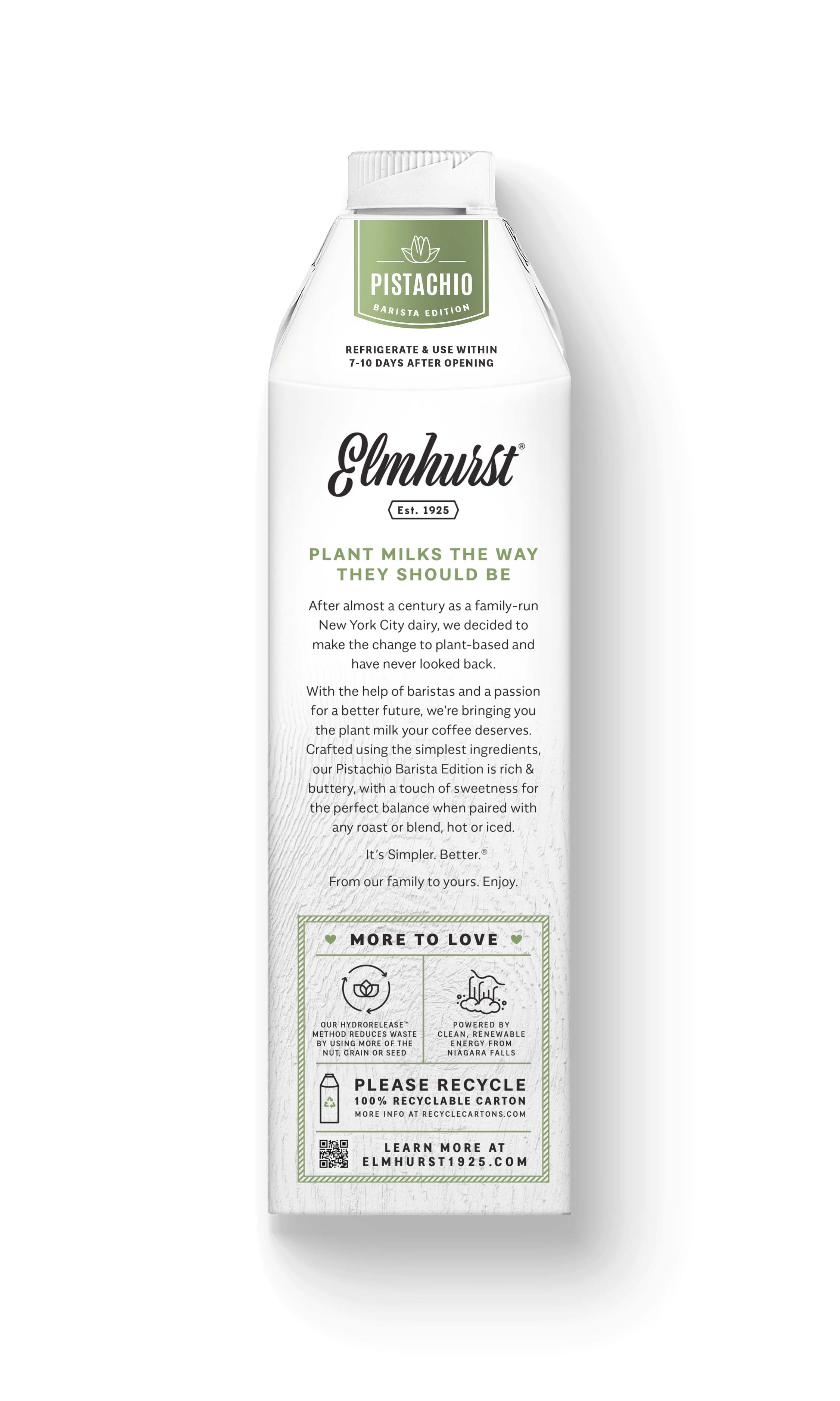 Elmhurst 1925 - Wholesale Non-Dairy Milk - Barista Edition Pistachio Milk, 32oz [6-Pack]6