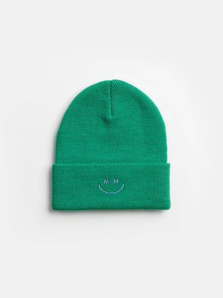 Youth Mad Hatter Smiley Cuff Beanie - Kelly Green/Sky for wholesale by Alice & Wonder