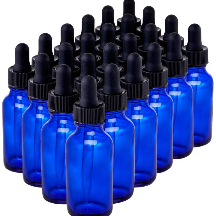 Paquet de 24 verres ronds Boston bleus avec compte-gouttes noir 1 oz pour la vente par Focus Nutrition