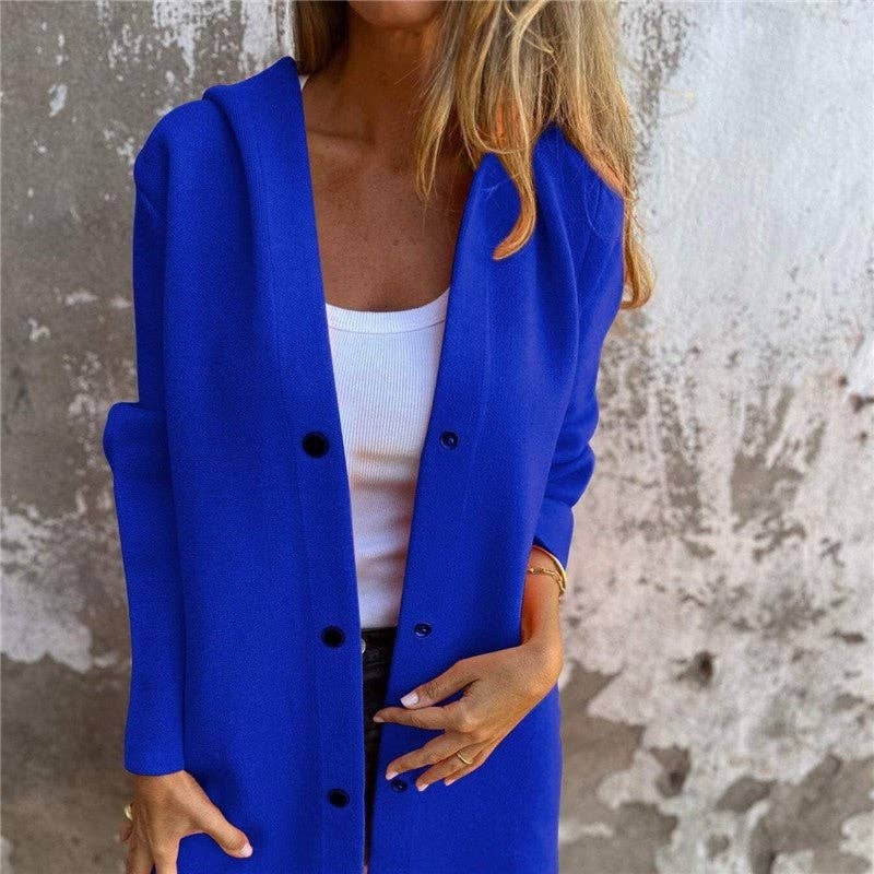 UZ Wholesale Store – Blusão - Mulher por atacado – Casaco de tricô casual com capuz e abotoamento simples em cor sólida3